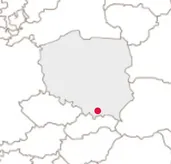 Mapa Europy Środkowej z zaznaczoną lokalizacją biura DWAconcept w okolicach Rabki-Zdroju