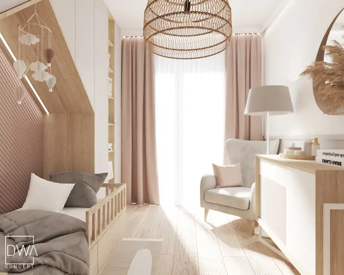Pokój dziecięcy z fotelem, komodą i plecioną lampą wiszącą - apartament w Krakowie