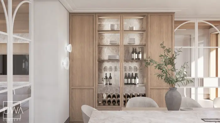 Szafka na wino z podświetlanymi półkami - dom z bali