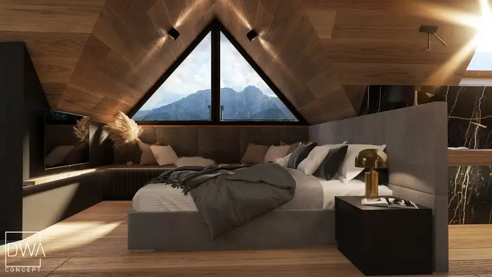 Sypialnia poddaszowa z trójkątnym oknem i widokiem na Tatry - dom w Kościelisku