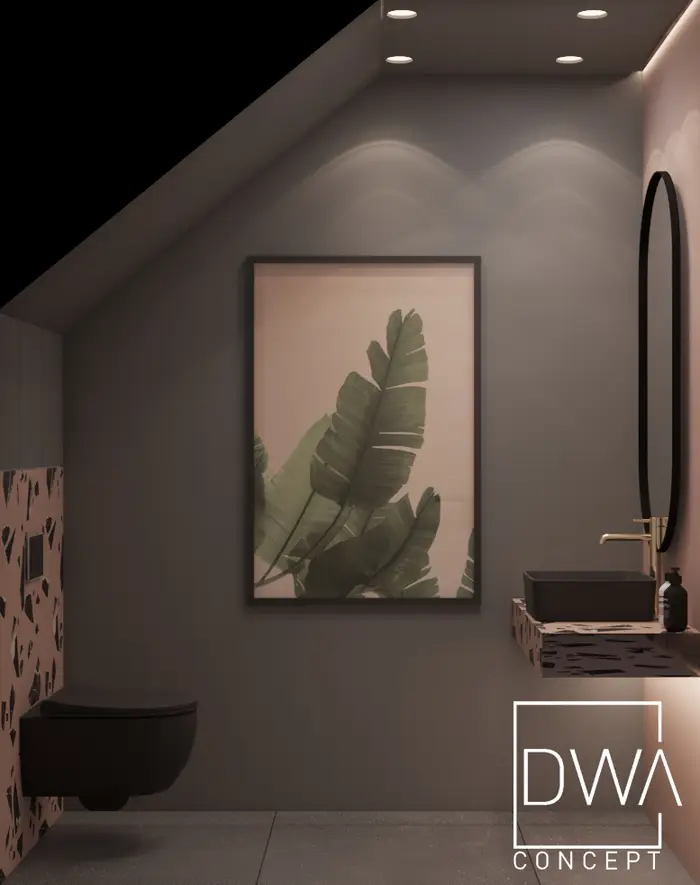 Toaleta z czarną miską wiszącą i grafiką liści na ścianie - salon kosmetyczny w Rabce-Zdroju