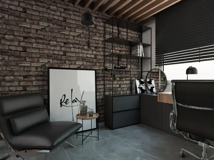 Domowe biuro z fotelem, plakatem "Relax" i okrągłym lustrem - projekt domu pod Krakowem
