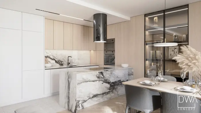 Kuchnia z drewnianą zabudową, marmurową wyspą i witryną ze rzeźbą - apartament w Krakowie