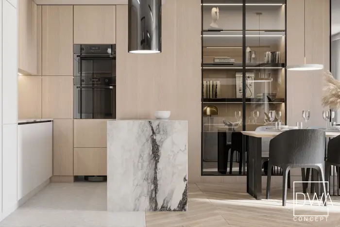 Detal kuchni z zabudową drewnianą, piekarnikami i witryną na książki - apartament w Krakowie