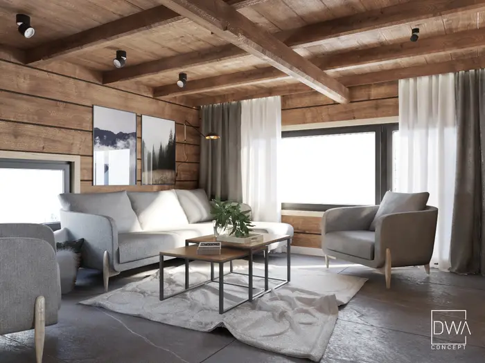 Rustykalny salon w stylu alpejskim z drewnianym stropem w domu z bali - Lubomierz