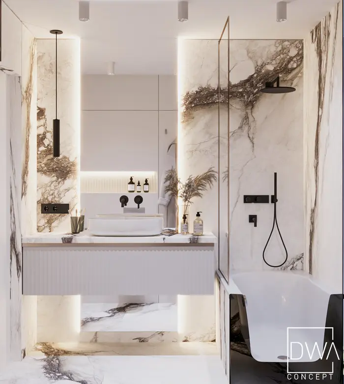 Łazienka wykończona spiekiem z wolnostojącą wanną i prysznicem - apartament w Rabce-Zdroju