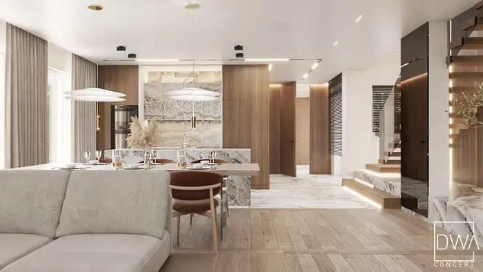Jadalnia z designerskimi lampami wiszącymi i marmurowym panelem - dom w Oświęcimiu