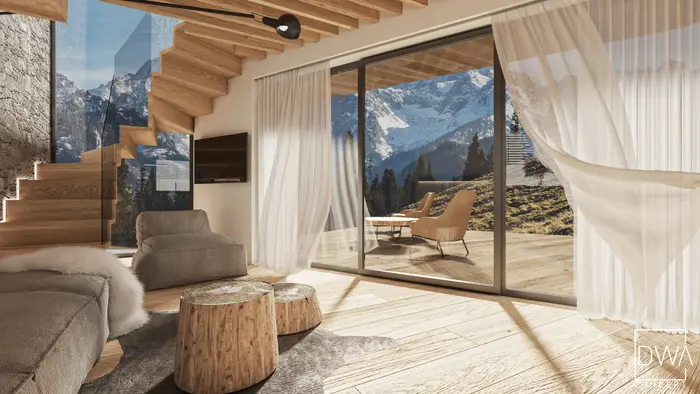 Salon w stylu alpejskim z panoramicznym widokiem na Tatry i drewnianym stropem - domek letniskowy