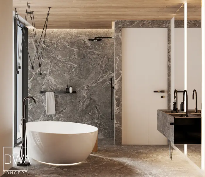 Wolnostojąca wanna przy oknie z widokiem na las oraz bidet - strefa nocna willi w Zakopanem