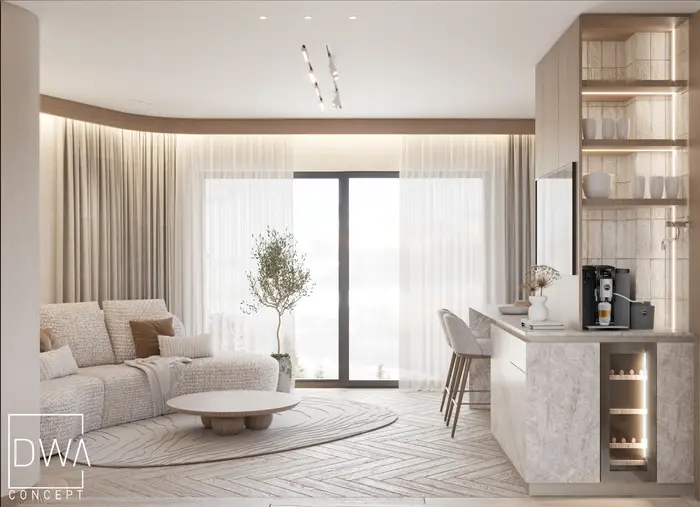 Salon z narożną sofą i zakrzywioną ścianą z zasłonami - apartament w Zakopanem