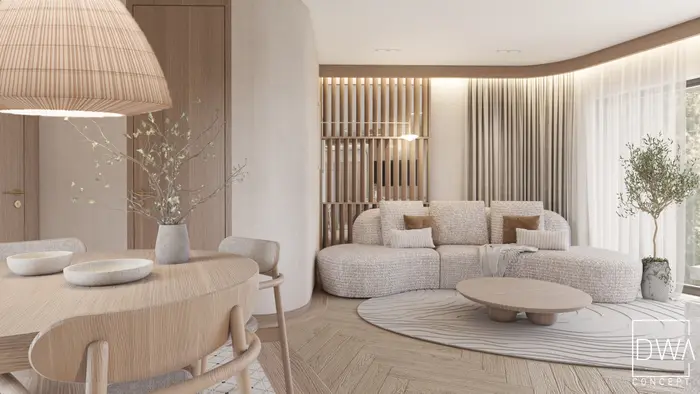 Jadalnia z drewnianą przesłoną i widokiem na salon - apartament w Zakopanem
